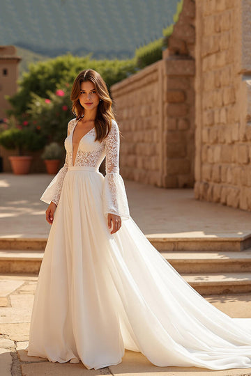 Chiffon V-Neck A Line Ivory Wedding Dress with Lace